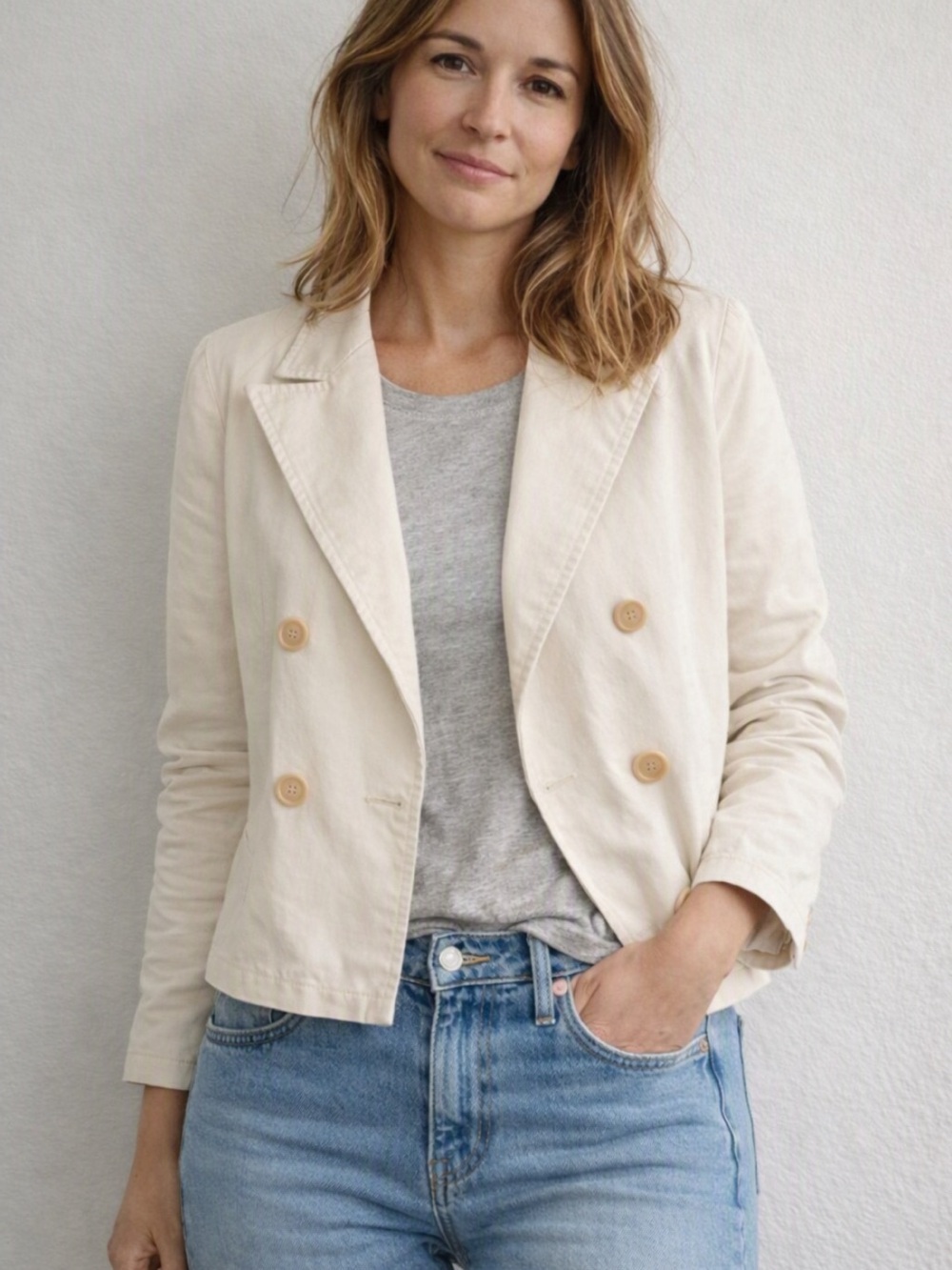 Nili Lotan Cream Double-Breasted Canvas Blazer